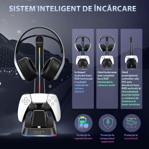 Doc de încărcare controler PS5 UNIF3 cu iluminare RGB și suport pentru căști - Produs Fan Gaming