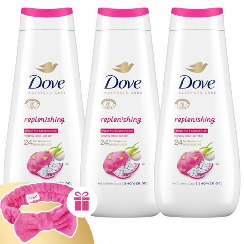 Dove Advanced Care Replenishing Żel pod prysznic 3x400ml ze Smoczym Owocem i Kremem Kokosowym + Opaska na włosy gratis