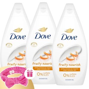 Dove Fruity Nourish Kremasti gel za tuširanje 3x450ml s poklon trakom za kosu. Nježno čišćenje, gel za tuširanje bez sulfata za mekšu kožu. - Dove