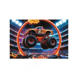 Ukończone puzzle Trefl Monster Truck Show 60 elementów przedstawiające monster trucka przeskakującego przez płonący krąg na stadionie - Trefl Puzzle