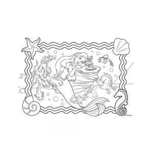 Disney Ariel kolorowanka, czarno-biała ilustracja Ariel i jej przyjaciół do kolorowania dla dzieci - Puzzle