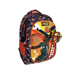 Must Team kosárlabda mintás iskolatáska, narancssárga és kék, 3 rekeszes - Luna