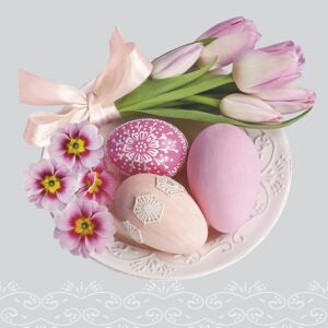 Húsvéti szalvéta rózsaszín tulipánokkal, kankalinokkal és díszített tojásokkal - Szalvéta