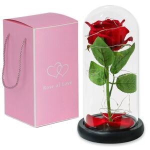 Trandafir roșu într-o cupolă de sticlă cu lumini LED, într-o cutie roz cu mâner - Idee de cadou pentru Valentine's Day