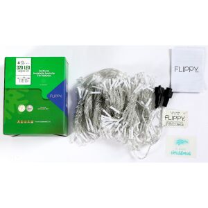Flippy Curtain Type Christmas Fényfüzér Section, 8 fényjátékkal, 3 m x 3 m, 320 LED, Összekapcsolható, Átlátszó vezeték, Meleg fehér