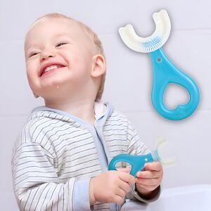 U-alakú fogkefe, KeepHome, 2-6 éves babáknak és gyerekeknek, puha sörtéjű, 9 cm, szívmintás, kék színű 136111947 - Baba fogkefe