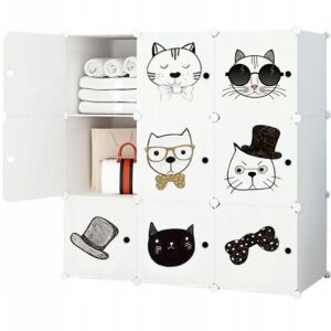 Modulárny šatník pre deti s mačacím dizajnom, biela úložná skriňa s 9 policami - Policové skrine