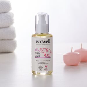 Ecowell Bio Babyöl, 100ml Flasche, mit Handtüchern und Kerzen im Hintergrund - Babys & Toddler