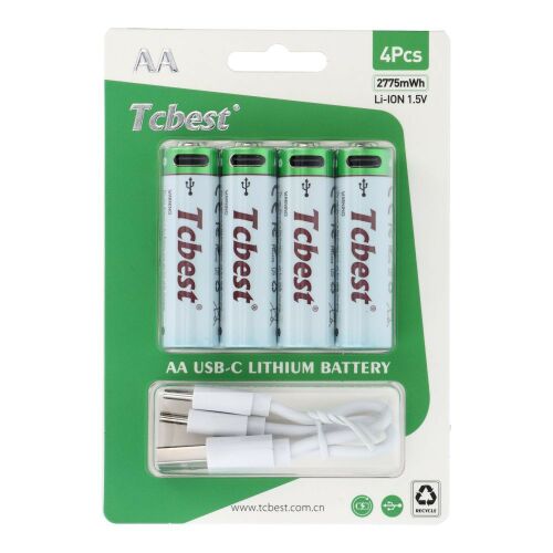 TCBEST dobíjacia batéria R6 (AA) 750 mAh so zásuvkou typu C + USB A - 4 x kábel typu C 4 ks