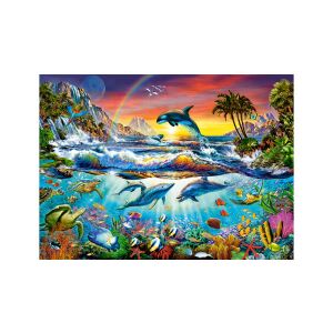 Ukończone puzzle Castorland Paradise Cove 300 elementów, przedstawiające kolorowe podwodne sceny z delfinami, rybami i rafami koralowymi - Castorland Puzzle