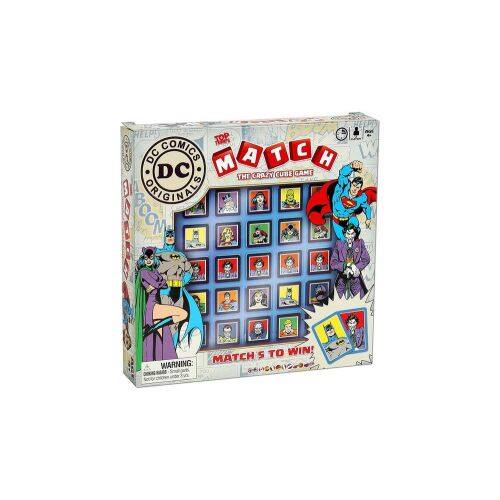DC Comics Originals Match A bolond kocka játék társasjáték, melyen a DC szuperhősök szerepelnek, mint Batman, Superman, Joker és Wonder Woman