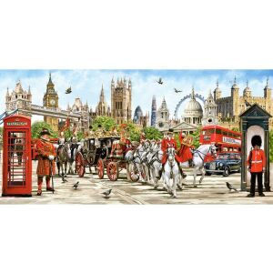 Puzzle Castorland 4000 de piese, Mândria Londrei, prezintă o scenă stradală cu repere iconice, cum ar fi Big Ben, London Eye și Palatul Buckingham - Castorland Puzzle