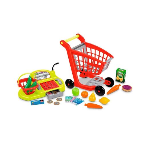 100% Chef Szupermarket Játékszett pénztárgéppel, bevásárlókocsival, kosárral és játékélelmiszerekkel