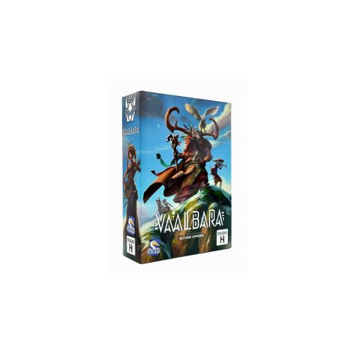 Vaalbara társasjáték doboz, egy szarvasagancsos és bottal ellátott törzsi karakterrel, kék égbolt háttérrel