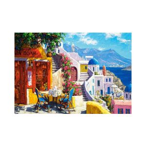 Ukończone puzzle Castorland 1000 elementów, Po południu nad Morzem Egejskim, przedstawia szczegółowe przedstawienie greckiej wioski z białymi domami, niebieskimi kopułami i kawiarnią - Castorland Puzzle