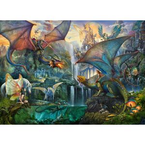 Puzzle Ravensburger 9000 dielikov zobrazujúce čarovný dračí les s drakmi, jednorožcami a vílami. - Puzzle