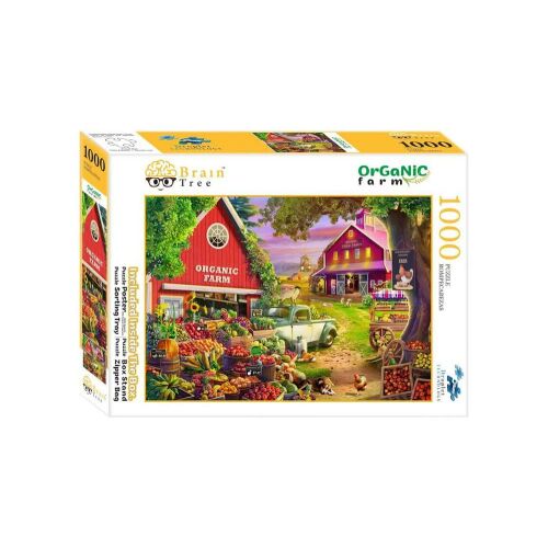 Brain Tree 1000 darabos kirakó, Organic Farm, egy farmot ábrázol, piros istállóval, teherautóval és különféle gyümölcsökkel és zöldségekkel - Brain Tree