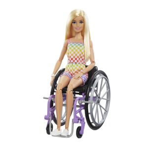 Păpușa Barbie Fashionista cu scaun cu rotile, păr blond și ținută colorată - Mattel Baba
