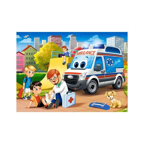 Puzzle Castorland 60 piese, Primul ajutor, ambulanță, copii, doctor, câine, skateboard, parc