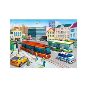 Puzzle Castorland Mestské námestie, 100 dielikov, zobrazujúce rušnú mestskú ulicu s autami, autobusmi a ľuďmi - Puzzle