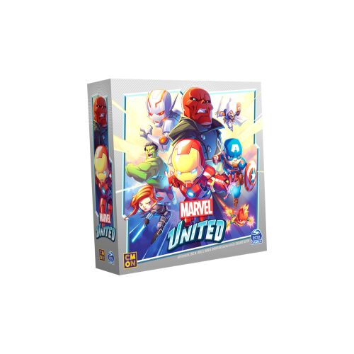 Marvel United társasjáték doboza, rajta Vasember, Hulk, Amerika Kapitány, Fekete Özvegy és Vörös Koponya - Játék