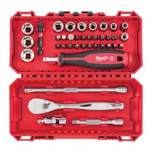 Open Milwaukee 1/4-Inch Ratchet and Socket Set Showing All 38 Pieces - Tool Set