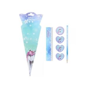 Spirit Dream unikornis 6 darabos írószer szett tölcsér alakú csomagolásban, unikornis mintával, vonalzóval, ceruzával, hegyezővel és radírokkal - Írószer szett