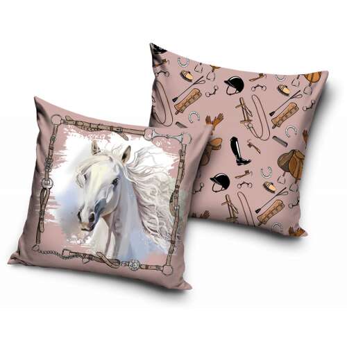 Horse themed decorative pillow cover, 40x40 cm, two-sided design, one side with horse portrait, the other with equestrian equipment pattern