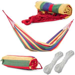 Single person hammock with ropes and carrying bag, red, yellow, green, blue stripes, outdoor relaxation - Garden Furniture