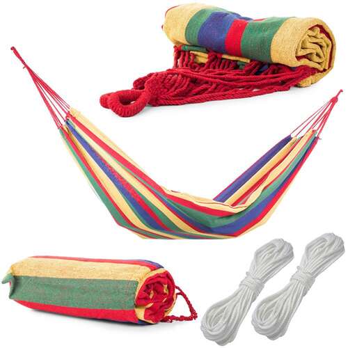 Single person hammock with ropes and carrying bag, red, yellow, green, blue stripes, outdoor relaxation