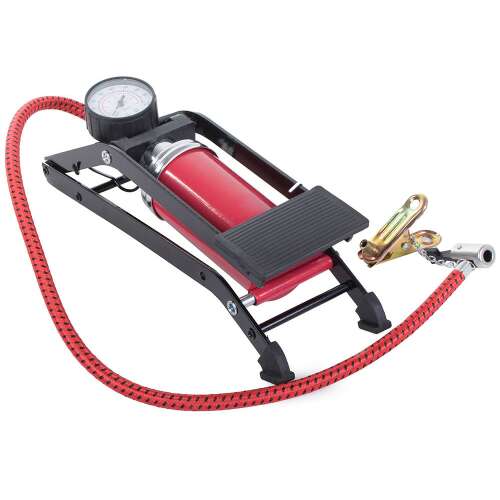 Nožná pumpa pre pneumatiky automobilov a bicyklov, s tlakomerom, červená a čierna