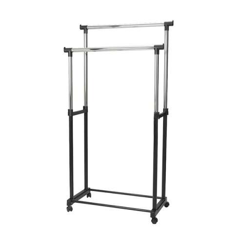 Schwarzer Doppel-Kleiderständer mit Rollen, höhenverstellbar, mit unterem Regal
