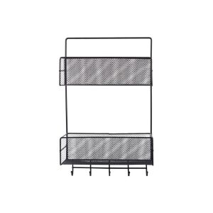 Fekete fém fali szervező két polccal és horgokkal, ideális fürdőszobába, konyhába vagy előszobába - Verk Group