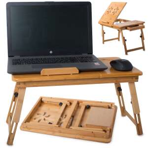 Bamboo laptop desk with adjustable height and tilt, featuring a laptop, mouse, and foldable legs - Laptop Stand