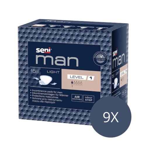 Seni Man Light Level 1 Incontinence Pads for Men, 9 packs of 15