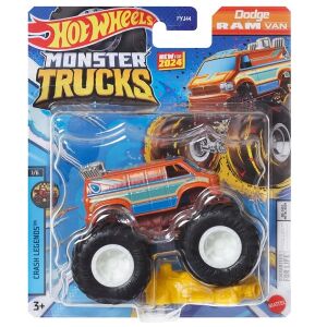 Hot Wheels Monster Trucks Dodge Ram VAN játék autó, 1/64 méretarányú, narancssárga és kék színű, nagy kerekekkel, Crash Legends sorozat - Mattel