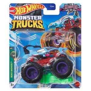 Hot Wheels Monster Trucks Scorpedo játék autó, kék és piros szörnyeteg autó lila kerekekkel, 1:64 méretarányú, tartalmaz egy roncs autó akadályt - Mattel
