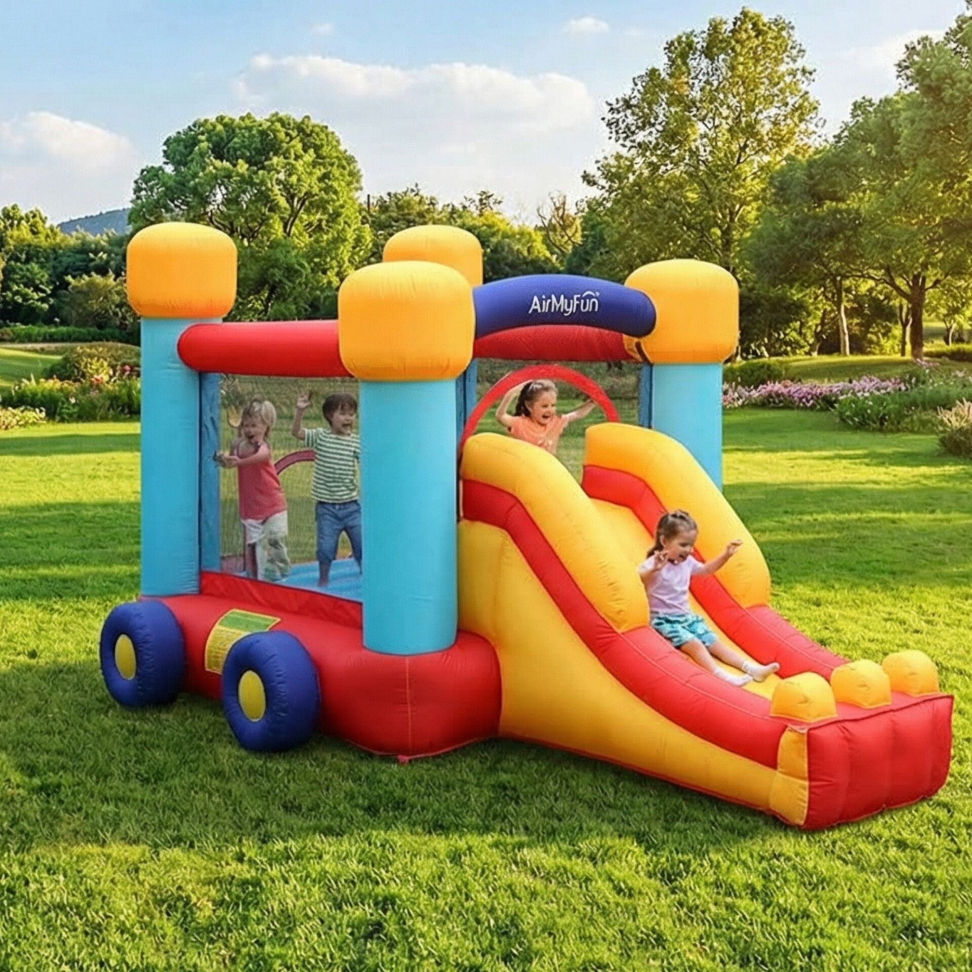 Pepita Car Ugrálóvár 405x250x200cm csúszdával - piros-sárga Pepita Car Ugrálóvár 405x250x200cm csúszdával - piros-sárga
