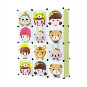 Grüner modularer Kinderkleiderschrank mit Cartoon-Tiermotiven - Kinder & Jugendmöbel