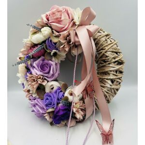 Nagyméretű művirágos ajtódísz rusztikus alappal és rózsaszín szalaggal - Ajtódísz