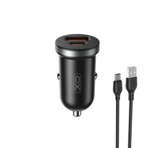 XO CC56 autós töltő 1x USB-A 1x USB-C + USB-A - USB-C kábel PD QC 30W - fekete 129120945 - Autós töltő