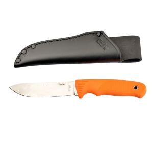 Nož Linder Super Edge 2 s fiksnom oštricom, narančastom drškom i kožnom futrolom - Lovački i survival nož