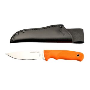 Nóż myśliwski Linder Super Edge z pomarańczową rękojeścią i skórzaną pochwą - Nóż myśliwski i survivalowy