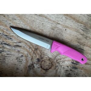 Linder Joe Vogel Evo-X Super Edge 7 fix pengéjű kés rózsaszín nyéllel, egy kés egy fa felületen - Vadászat