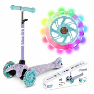 Detská trojkolesová kolobežka Kidwell Uno s LED kolieskami, Kitty - fialová