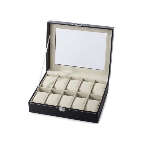 Czarne skórzane pudełko na zegarki ze szklanym wierzchem, 10 przegródek, do przechowywania i prezentowania zegarków