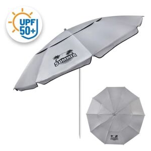 Srebrno-niebieski parasol plażowy z ochroną przed wiatrem, ochroną przeciwsłoneczną UV50+, aluminiową ramą z 4 pierścieniami, Ø2.25m, logo Summer - Osłona przeciwsłoneczna