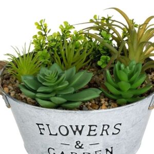 Ghiveci metalic alb cu suculente artificiale, inscripție 'Flowers & Garden', mânere din frânghie, 18x16,5cm - Ghiveci