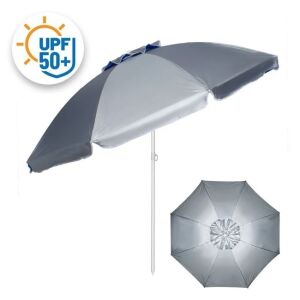 Parasol plażowy ze srebrno-niebieskim baldachimem, średnica 2m, odporny na wiatr, rama metalowa, ochrona przeciwsłoneczna UPF 50+ - Osłona przeciwsłoneczna