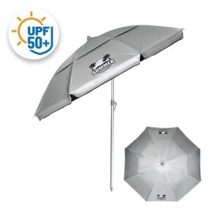 Strieborno-čierny plážový dáždnik s UPF 50+ ochranou pred slnkom, priemer 2m, hliníkový rám, odolný voči vetru, letný dizajn - Welora